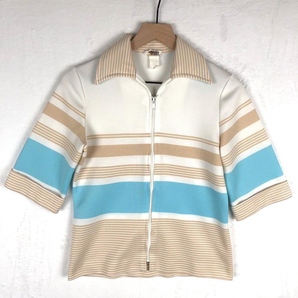 VTG EL MAR 70s MCM Knit Top Women's Sz S Striped‎ Full Zip 1/2 Sleeve Retro